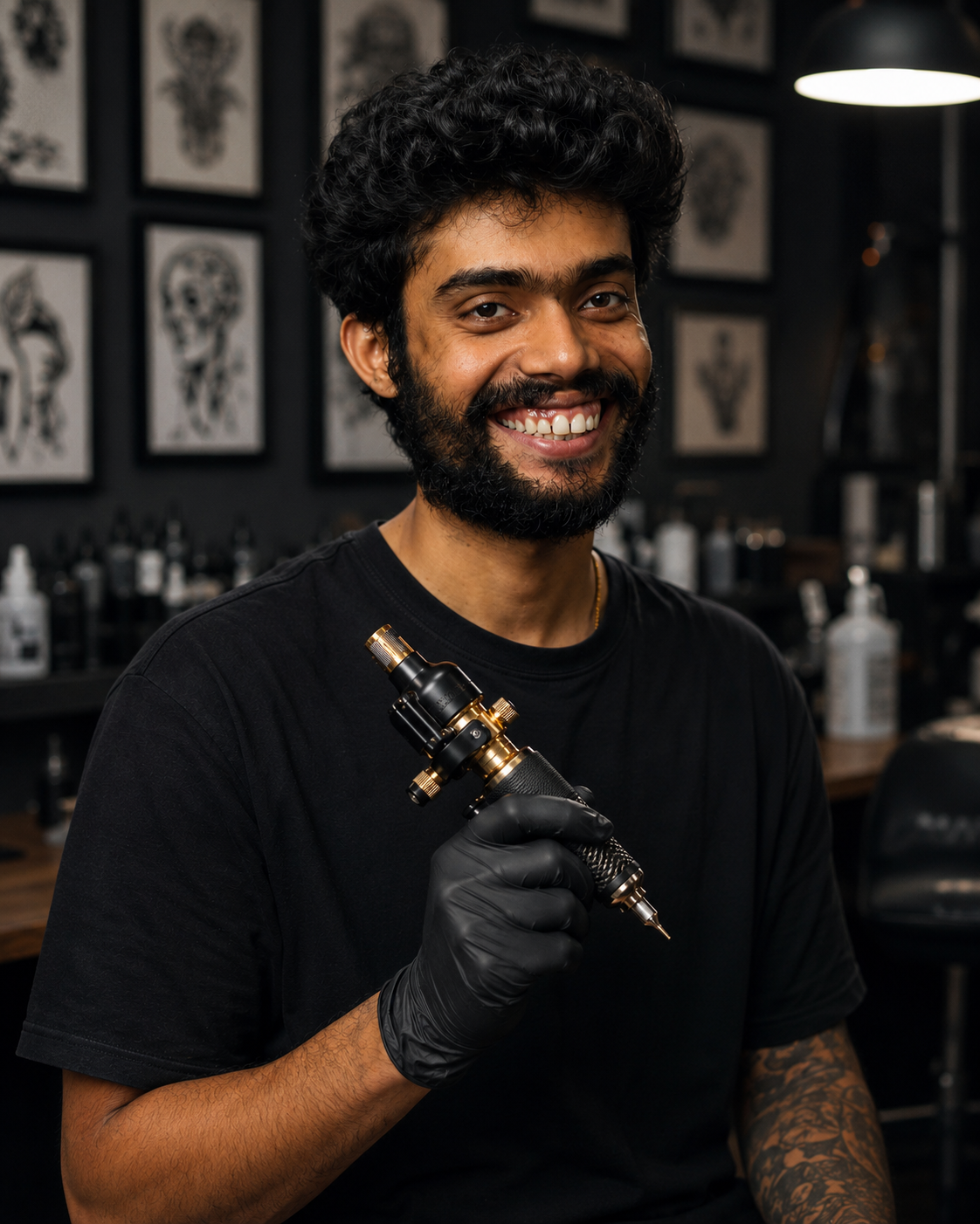 Debasis Adak, lead tattoo artist at Dev Tattoo & Art Kolkata, holding a tattoo machine